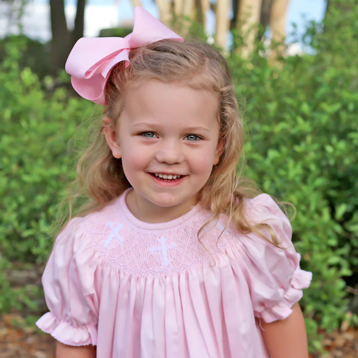 Cross Smocked Pink Pique Bishop Dress - Image 7