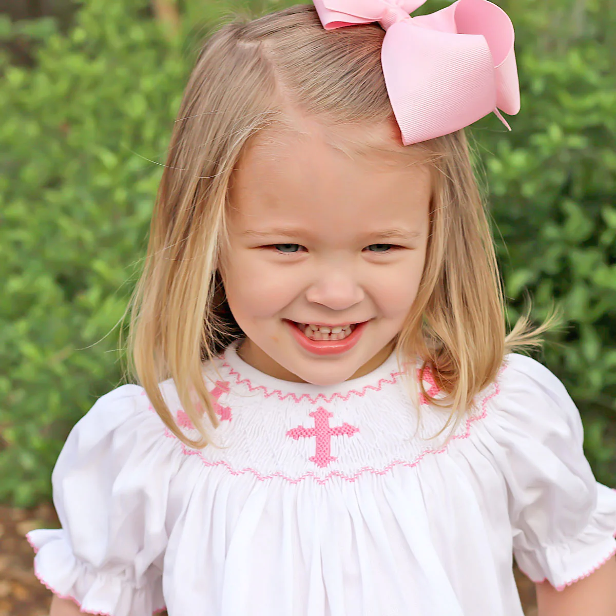 Pink Cross Smocked White Bishop Dress - Image 5