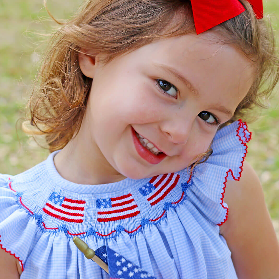 Light Blue Gingham Flag Smocked Bubble - Image 5