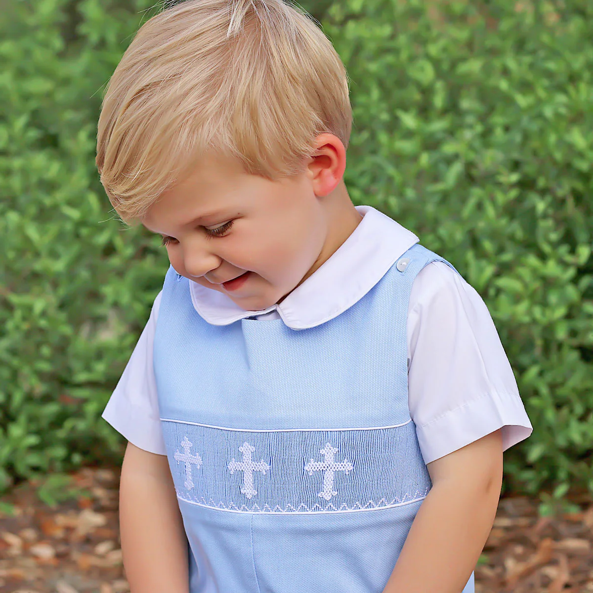 Cross Smocked Light Blue Pique Jon Jon - Image 4